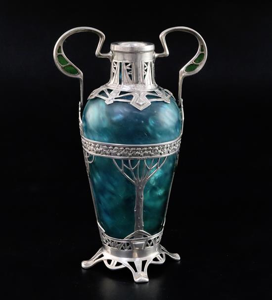 An early 20th century Austrian? Art Nouveau silver mounted two handled blue/green glass vase,